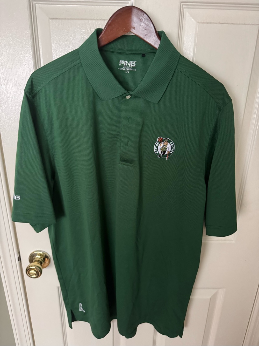 PING Men’s Dark Green Polo with Boston Celtics Emblem